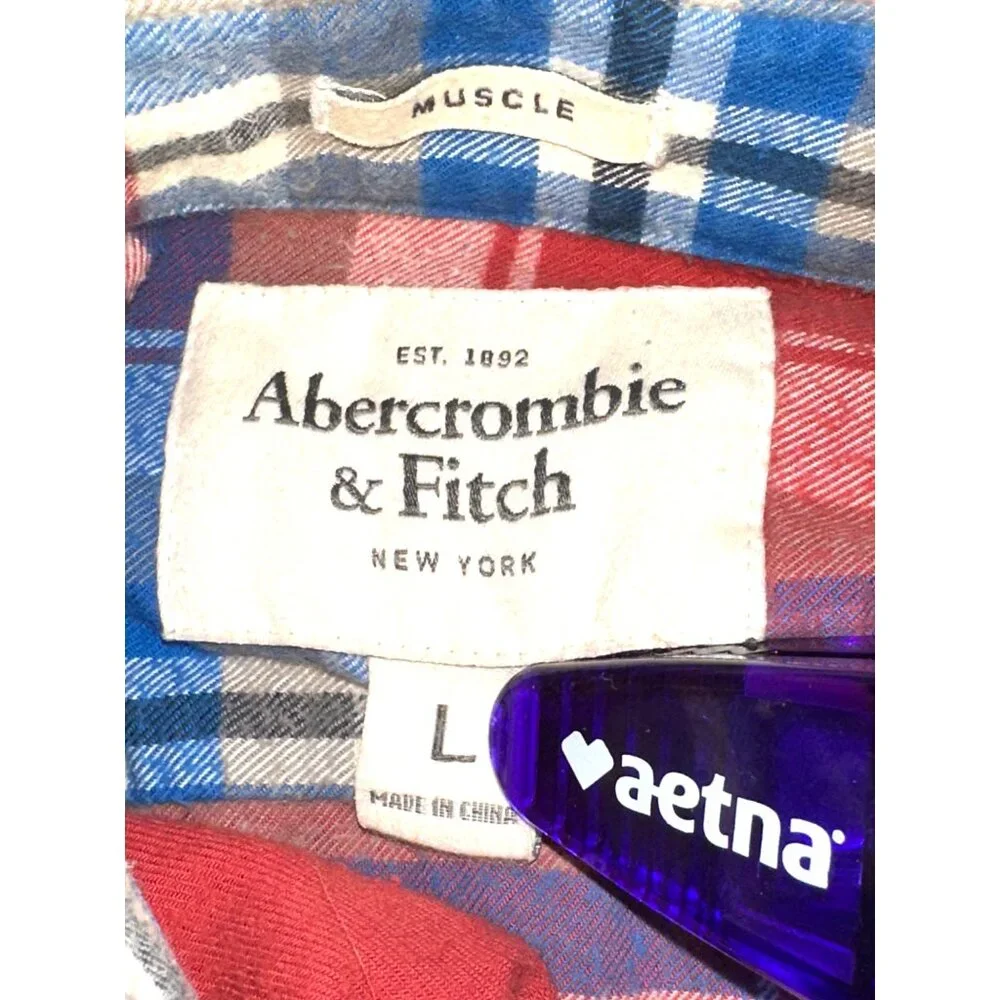 Abercrombie Fitch Mens Large Red Plaid Muscle Shirt Cotton Long Sleeve - Picture 8 of 12